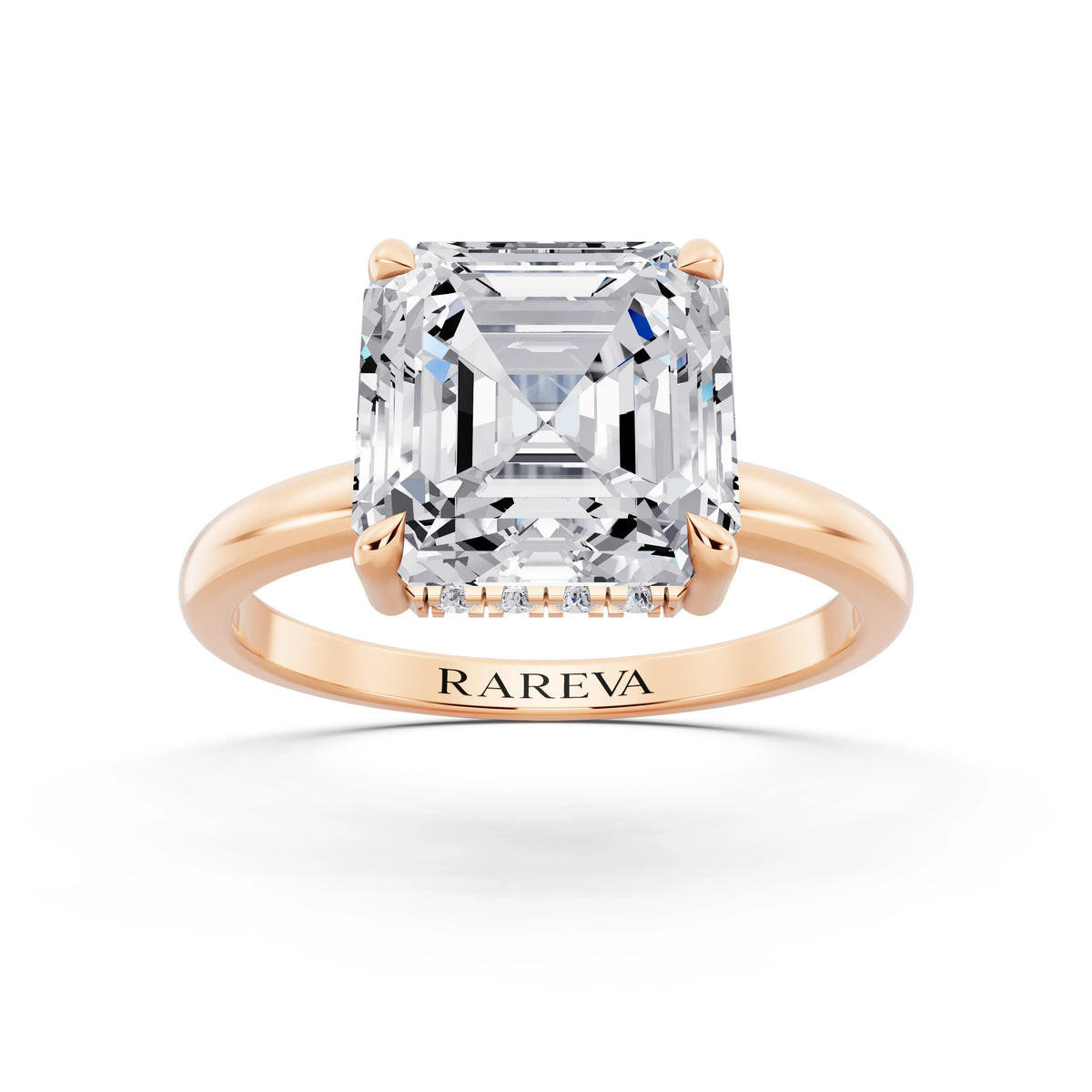 18 KT Rose Gold Asscher Cut Diamond Solitaire Ring with Hidden Halo - front view