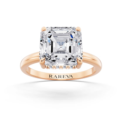 18 KT Rose Gold Asscher Cut Diamond Solitaire Ring with Hidden Halo - front view