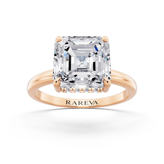 18 KT Rose Gold Asscher Cut Diamond Solitaire Ring with Hidden Halo - front view