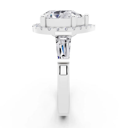 18 KT White Gold Pear Cut Diamond Halo Ring with Baguette Accents - side view