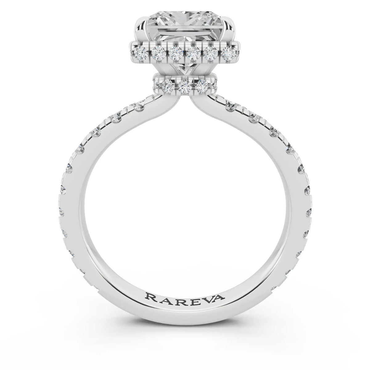 18 KT White Gold Princess Cut Diamond Hidden Halo Ring with Pave Band - through finger