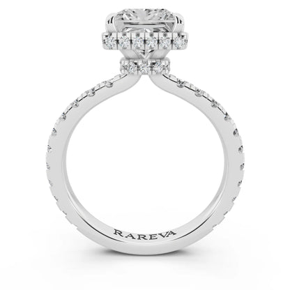 18 KT White Gold Princess Cut Diamond Hidden Halo Ring with Pave Band - through finger