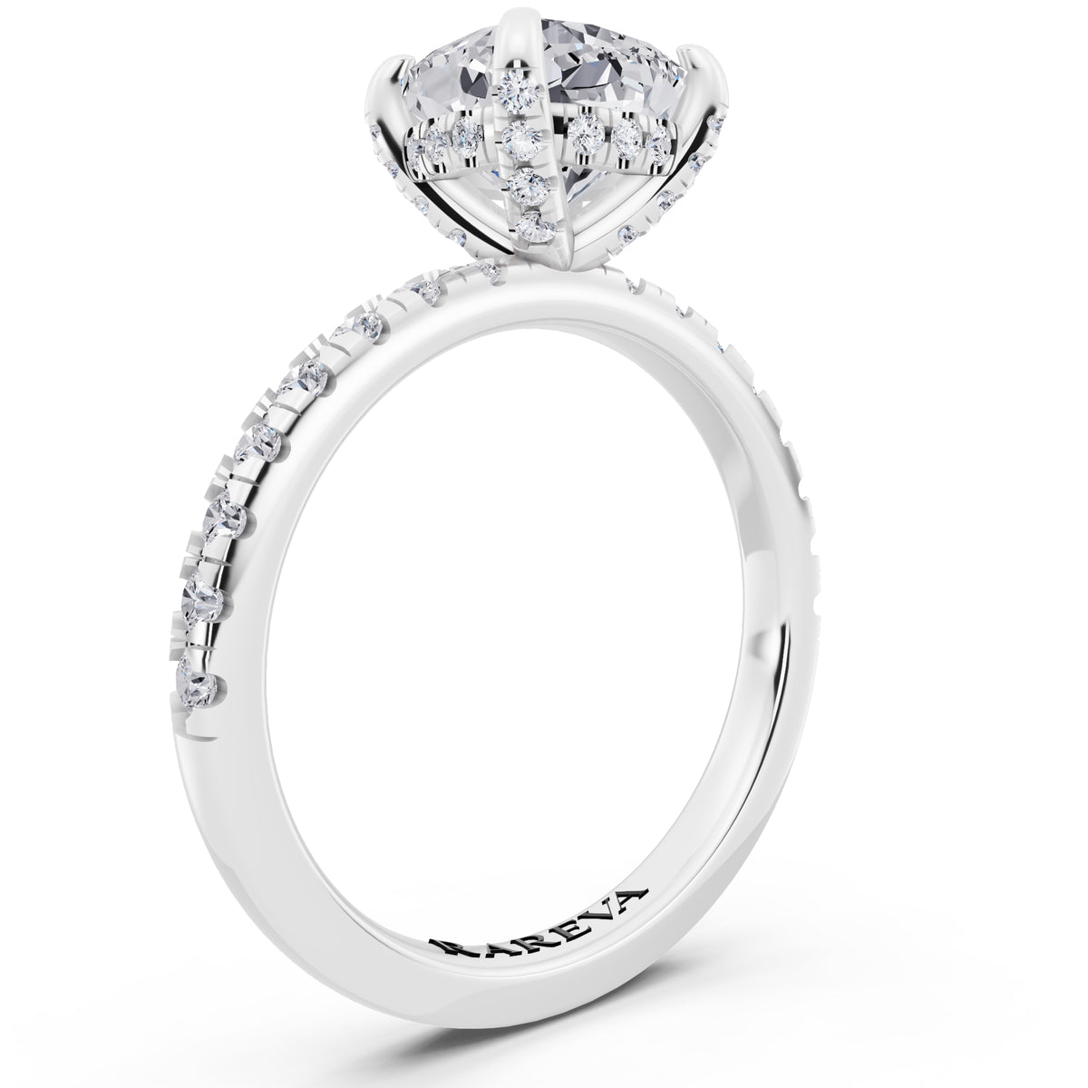 Platinum Cushion Cut Diamond Hidden Halo Ring with Pave Shank - top view