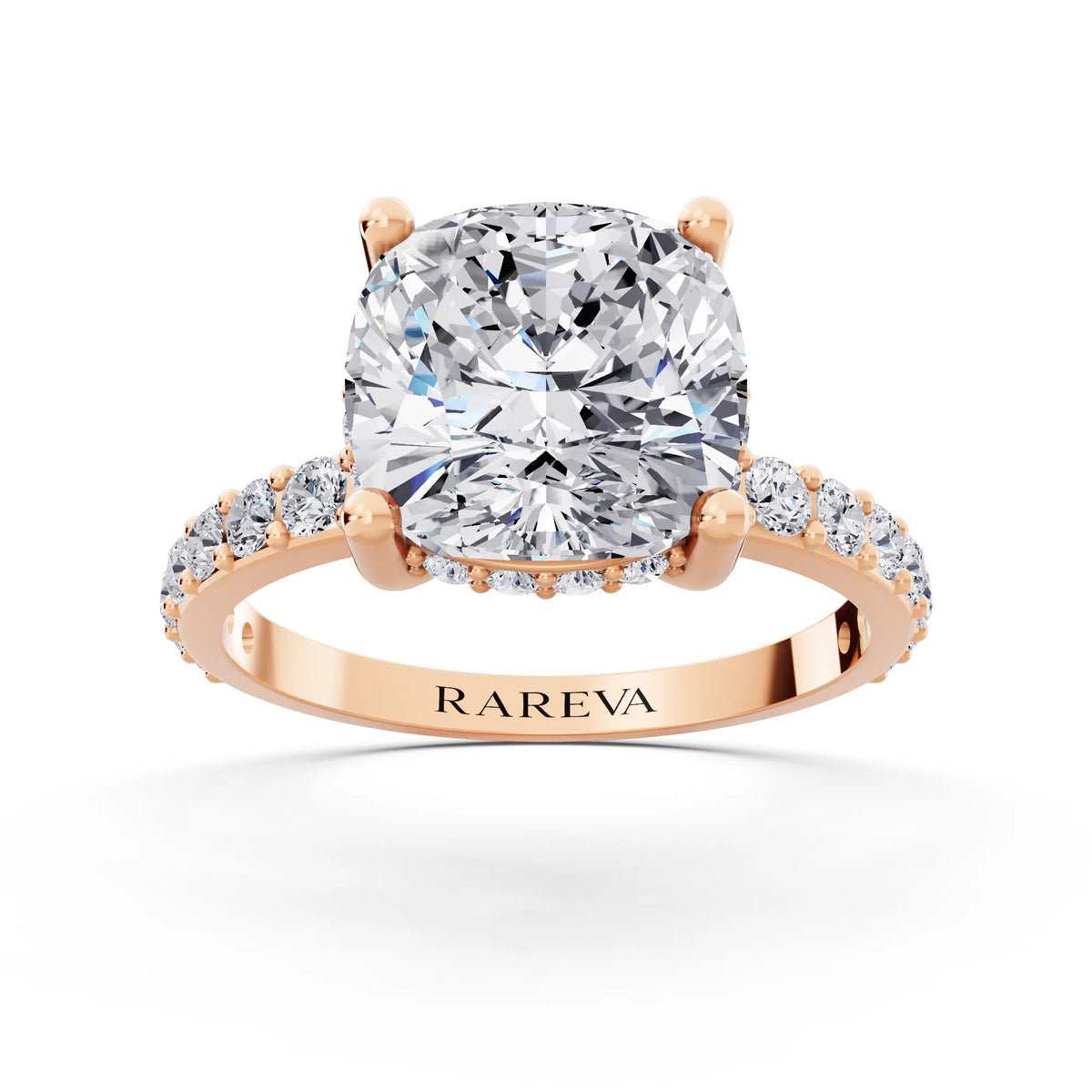 14 KT Rose Gold Cushion Cut Diamond Solitaire Ring with Hidden Halo and Pave Band - front view