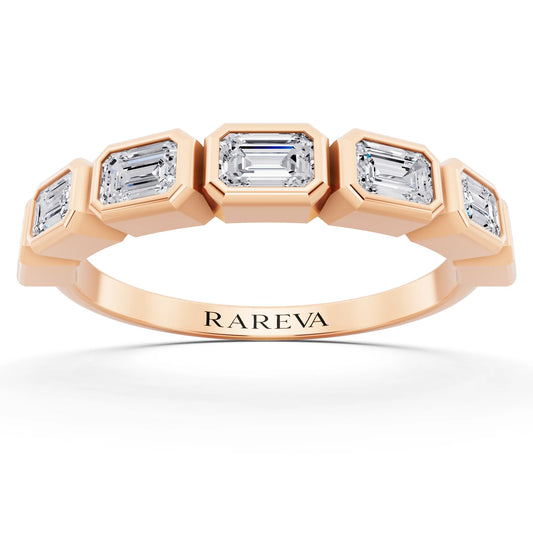 14K Rose Gold Seven Stone Emerald Cut Bezel Set Diamond Half Eternity Wedding Band - 2mm - Front