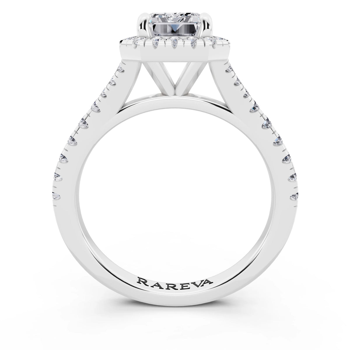 14 KT White Gold Emerald Cut Diamond Halo Ring with Split Shank - through finger