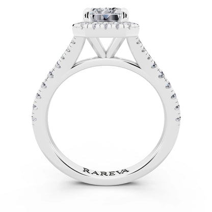 14 KT White Gold Emerald Cut Diamond Halo Ring with Split Shank - through finger