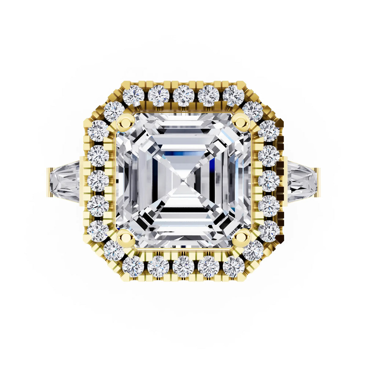 14 KT Yellow Gold Asscher Cut Diamond Halo Ring with Baguette Accents - top angle