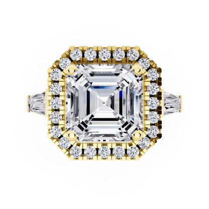 14 KT Yellow Gold Asscher Cut Diamond Halo Ring with Baguette Accents - top angle