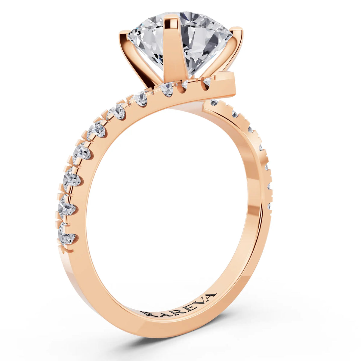 14 KT Rose Gold Round Cut Diamond Solitaire Ring with Pave Band and Accents - Top view