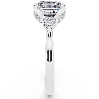 Platinum Asscher Cut Diamond Cluster Engagement Ring with Pear Accents and Pavé Band - side view