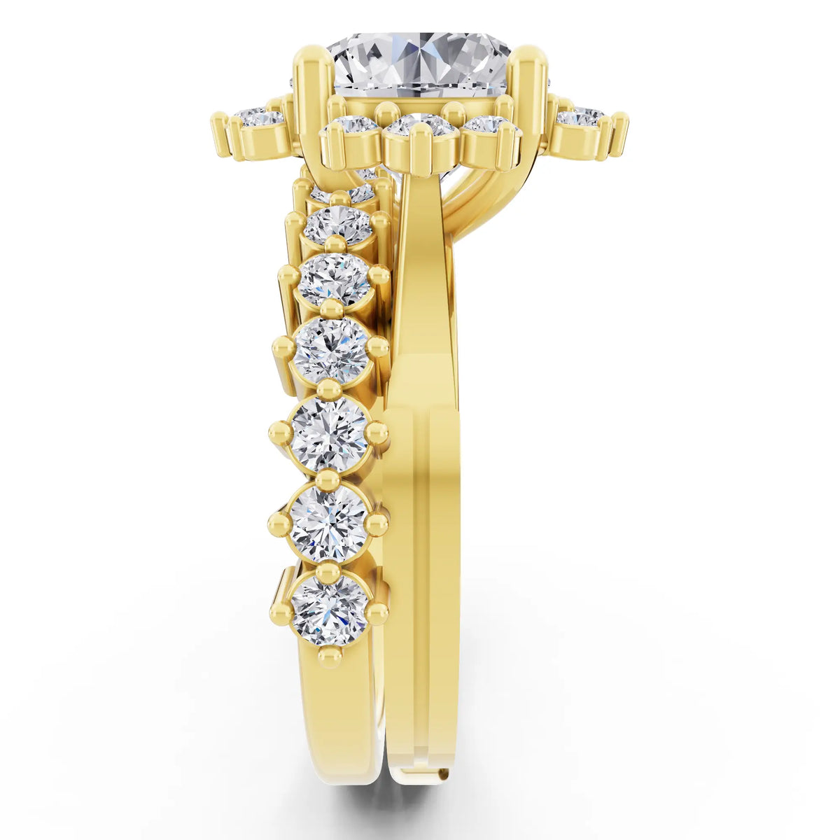 14 KT Yellow Gold Round Cut Diamond Sunburst Halo Ring with Graduated Band - Side view