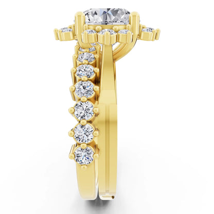 14 KT Yellow Gold Round Cut Diamond Sunburst Halo Ring with Graduated Band - Side view