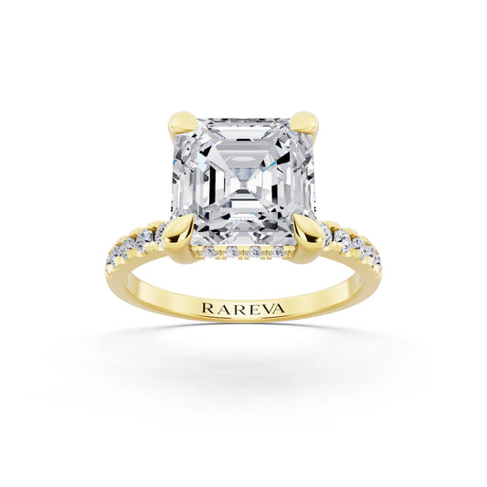 18 KT Yellow Gold Asscher Cut Diamond Solitaire Ring with Round Pavé Band and Prong Setting - front view