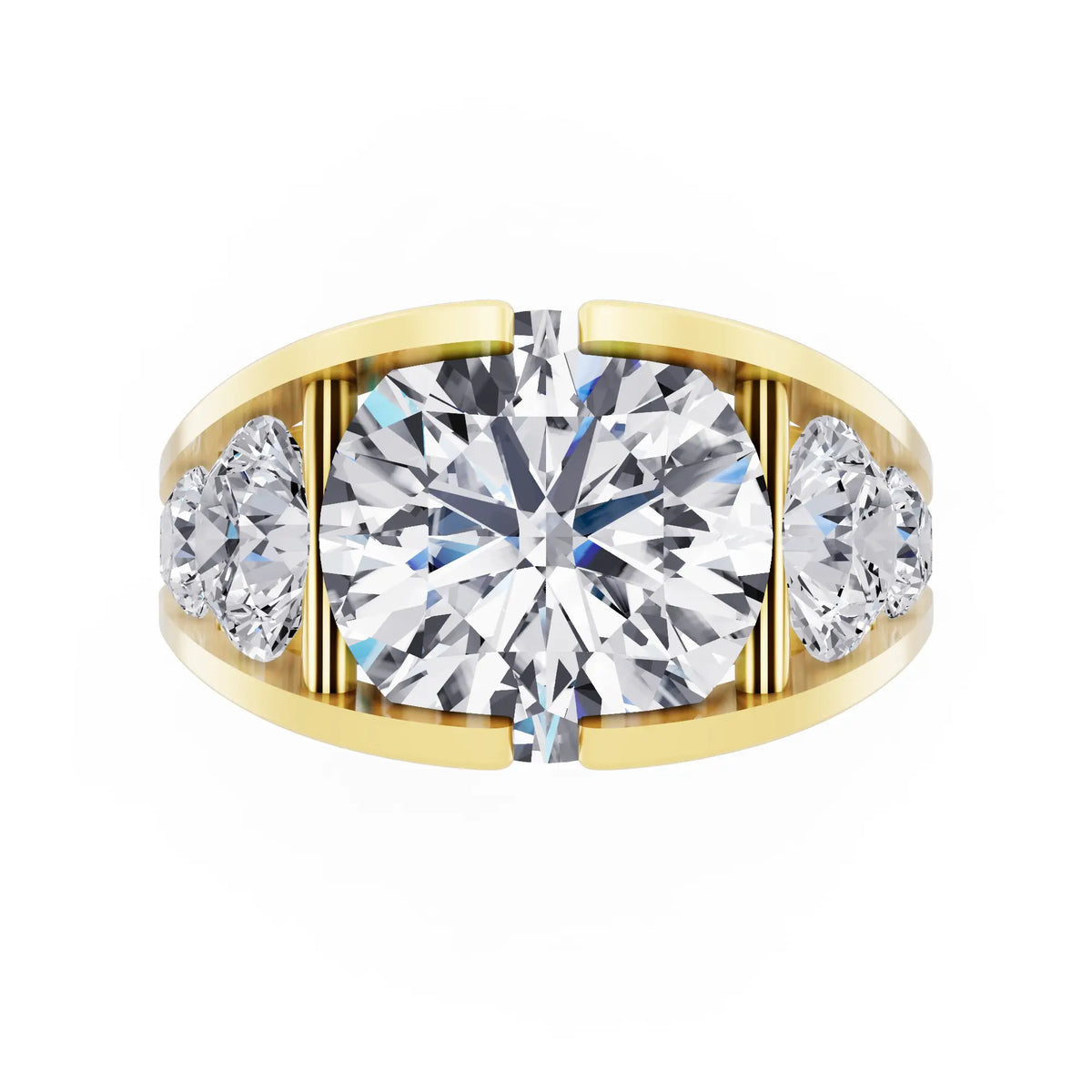18 KT Yellow Gold Round Cut Diamond Ring with Graduated Side Stones - Top down