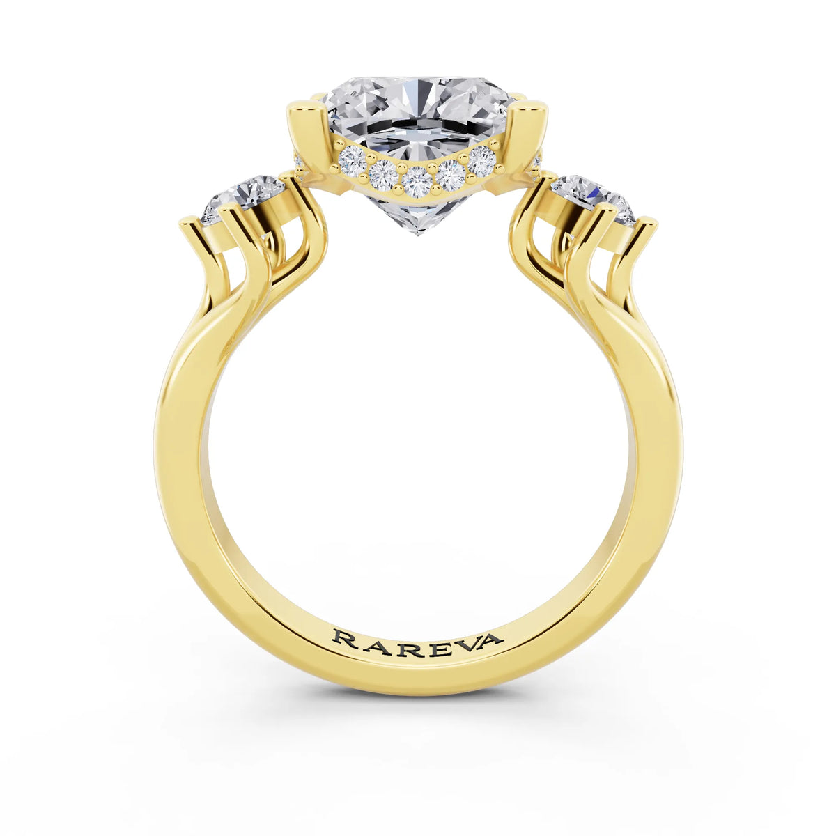 14 KT Yellow Gold Cushion Cut Diamond Three Stone Engagement Ring with Hidden Halo - through finger