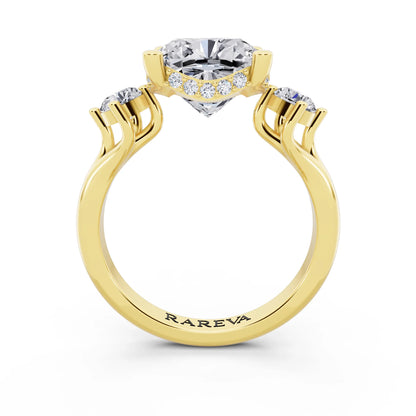 14 KT Yellow Gold Cushion Cut Diamond Three Stone Engagement Ring with Hidden Halo - through finger