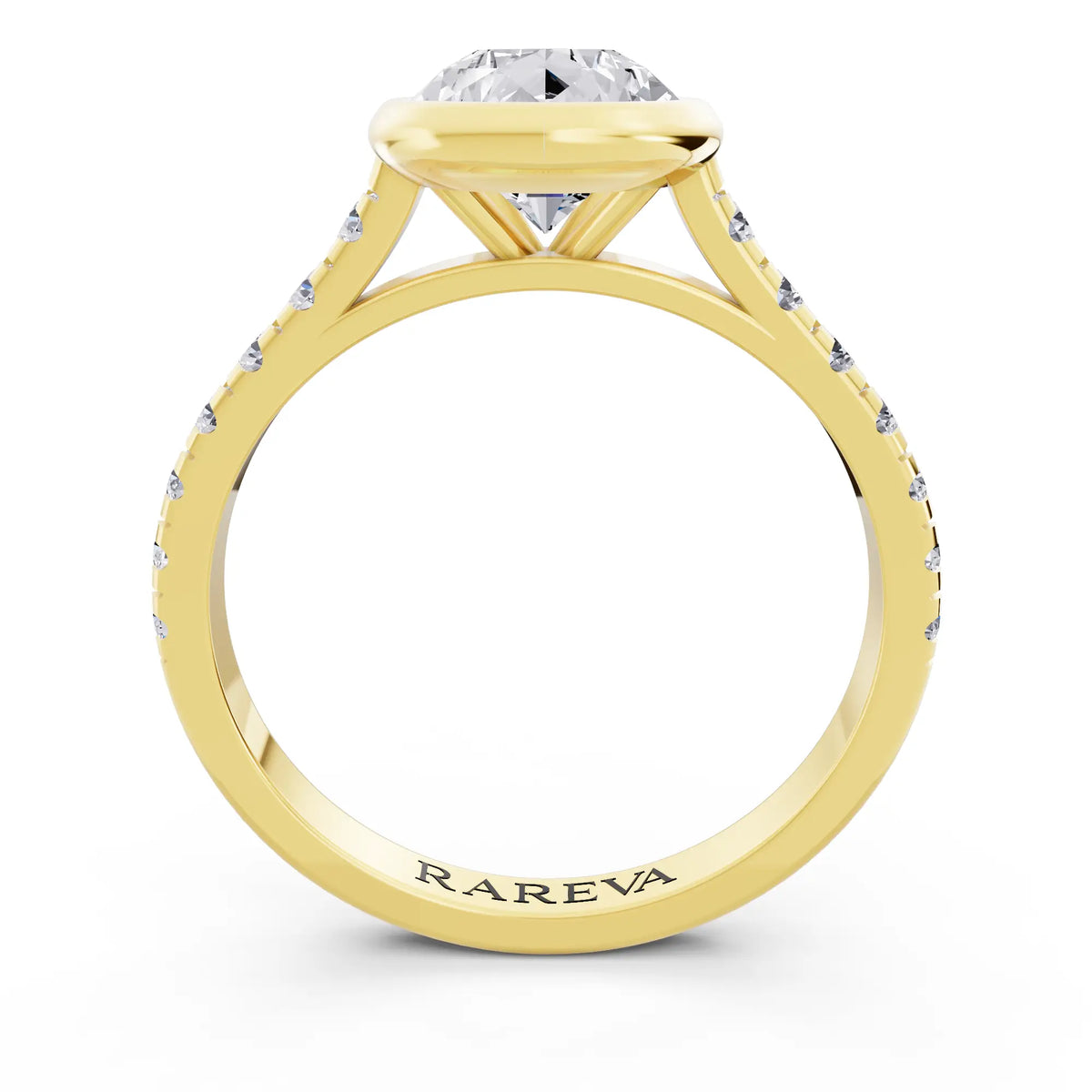 18 KT Yellow Gold Pear Cut Diamond Bezel Set Ring with Pave Band - Through