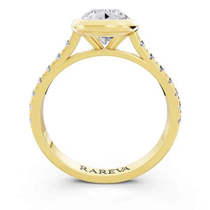 18 KT Yellow Gold Pear Cut Diamond Bezel Set Ring with Pave Band - Through