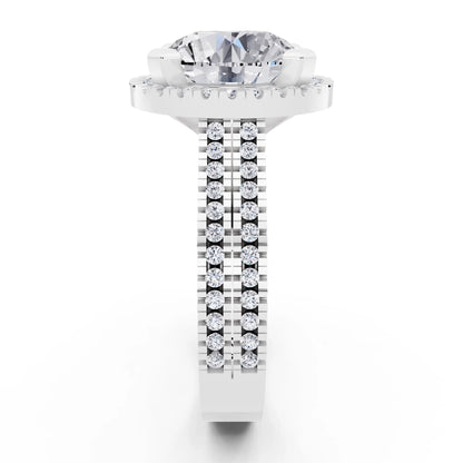 18 KT White Gold Round Cut Diamond Halo Ring with Twin Pave Band - side view
