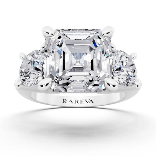 Platinum Asscher Cut Diamond Three Stone Ring with Round Accents - front view