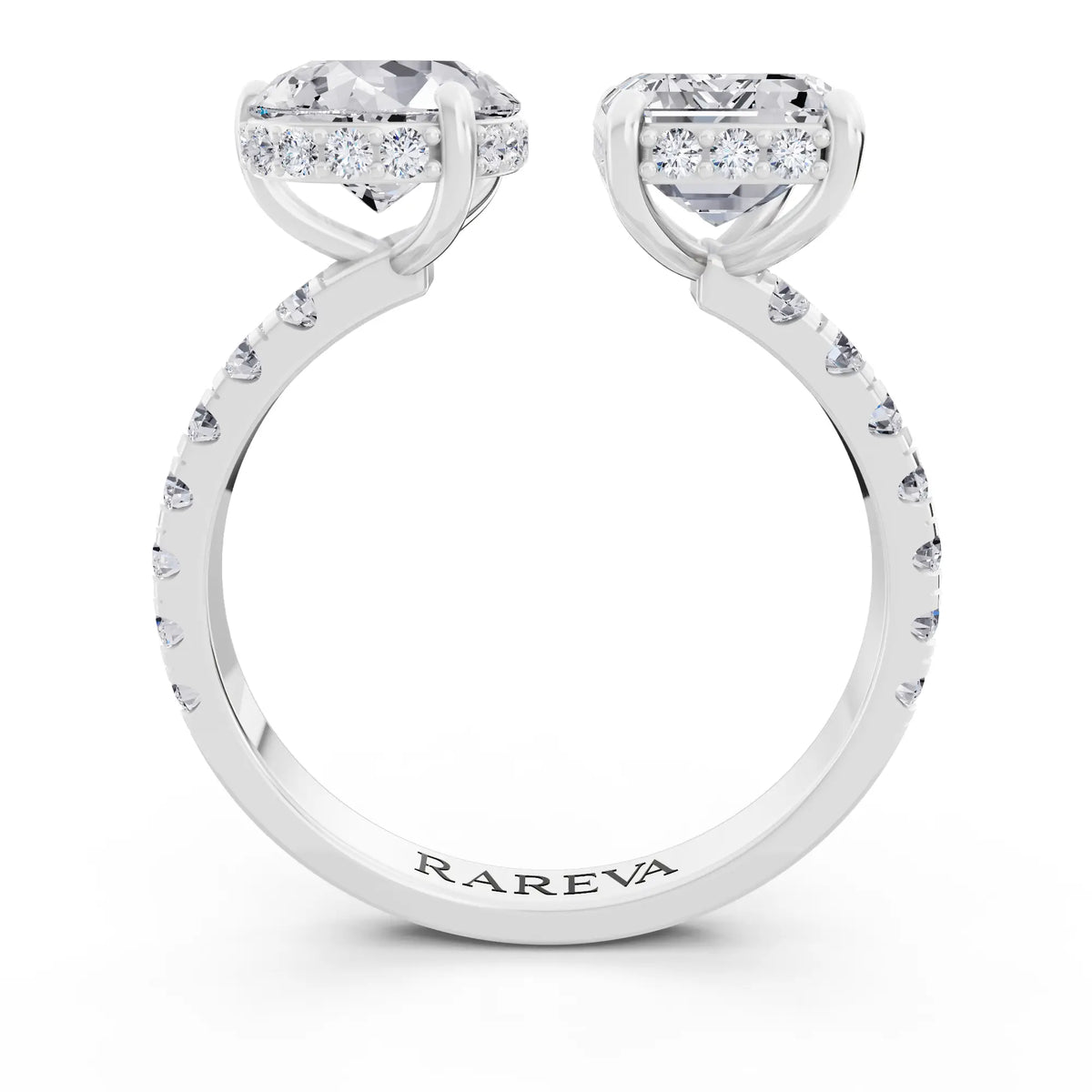14 KT White Gold Emerald Cut Diamond Toi et Moi Ring with Pave Band - Through