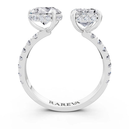 14 KT White Gold Emerald Cut Diamond Toi et Moi Ring with Pave Band - Through