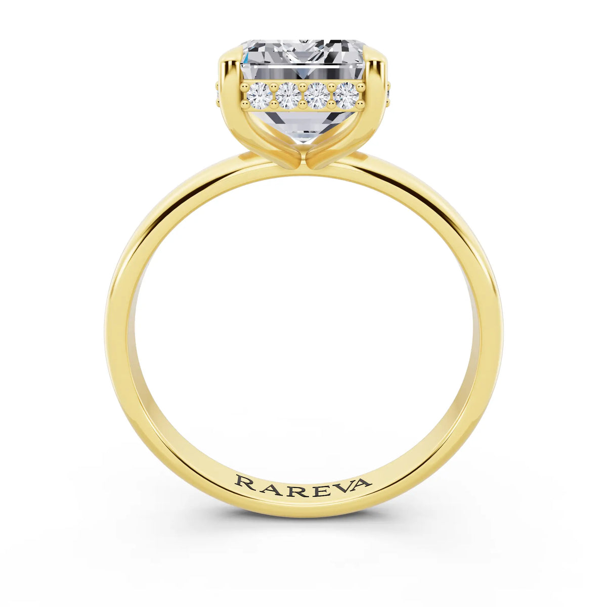 14 KT Yellow Gold Emerald Cut Diamond Hidden Halo Solitaire Ring - through finger