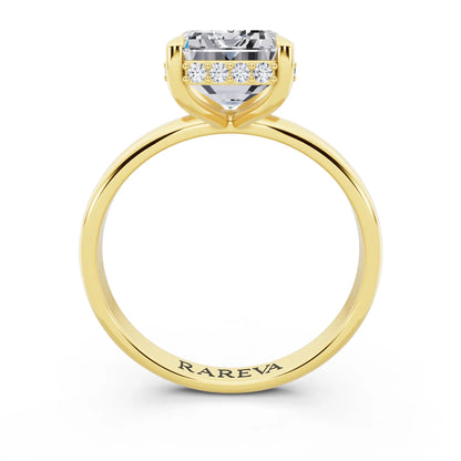 14 KT Yellow Gold Emerald Cut Diamond Hidden Halo Solitaire Ring - through finger
