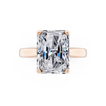 18 KT Rose Gold Radiant Cut Diamond Solitaire Ring with Hidden Accent - top angle