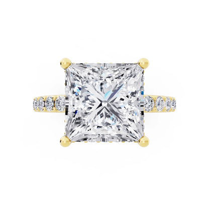 14 KT Yellow Gold Princess Cut Diamond Solitaire Ring with Hidden Halo and Pave Band - top angle