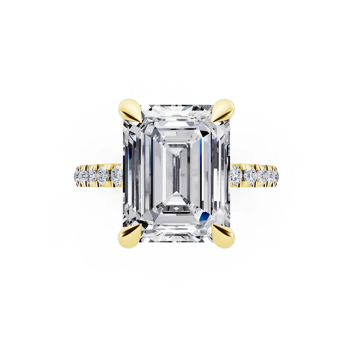14 KT Yellow Gold Emerald Cut Diamond Solitaire Ring with Round Pavé Band and Prong Setting - top angle