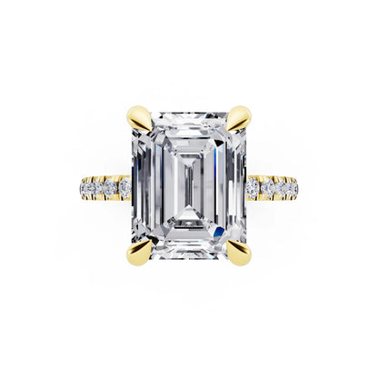 14 KT Yellow Gold Emerald Cut Diamond Solitaire Ring with Round Pavé Band and Prong Setting - top angle