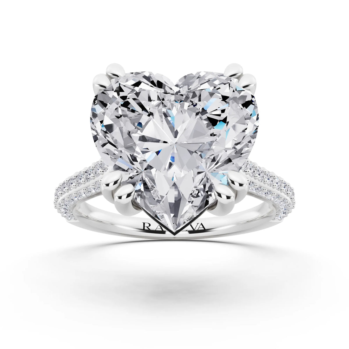 Platinum Heart Cut Diamond Hidden Halo Double Claw Pave Band Ring - front view