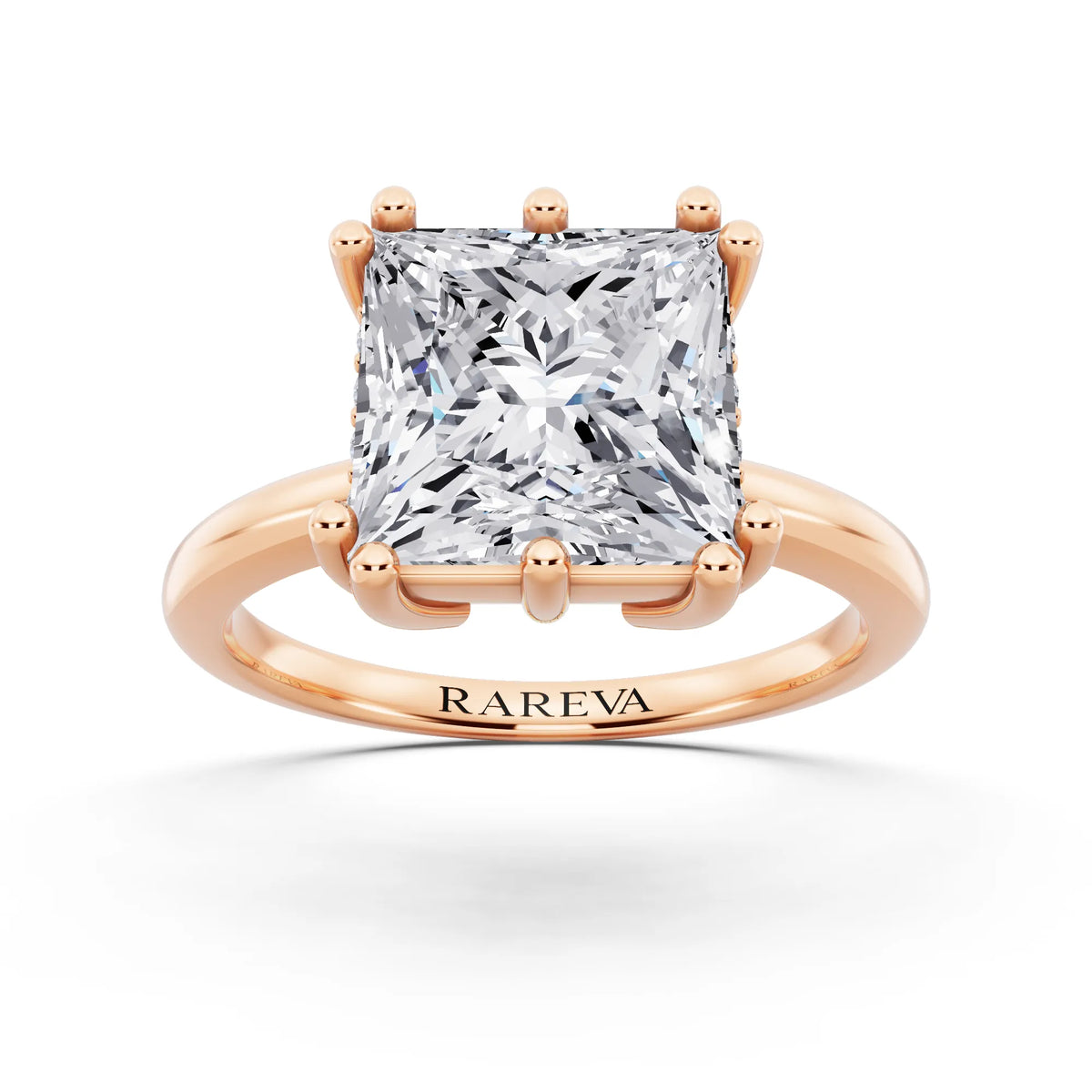 14 KT Rose Gold Princess Cut Diamond Solitaire Ring with Hidden Accent Basket - front view