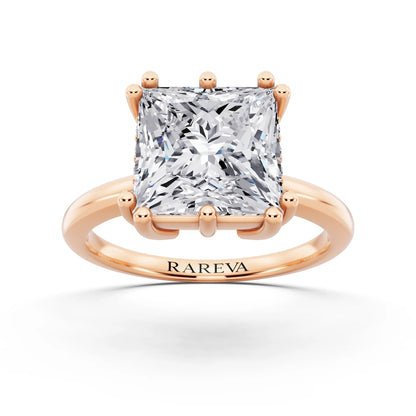 14 KT Rose Gold Princess Cut Diamond Solitaire Ring with Hidden Accent Basket - front view