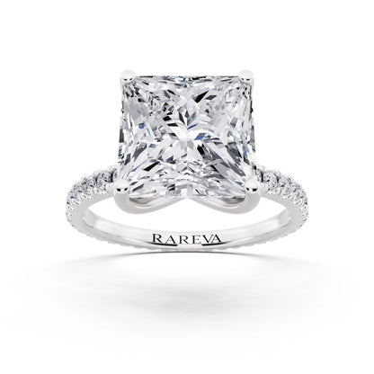 18 KT White Gold Princess Cut Diamond Solitaire Ring with Pave Eternity Band - front view