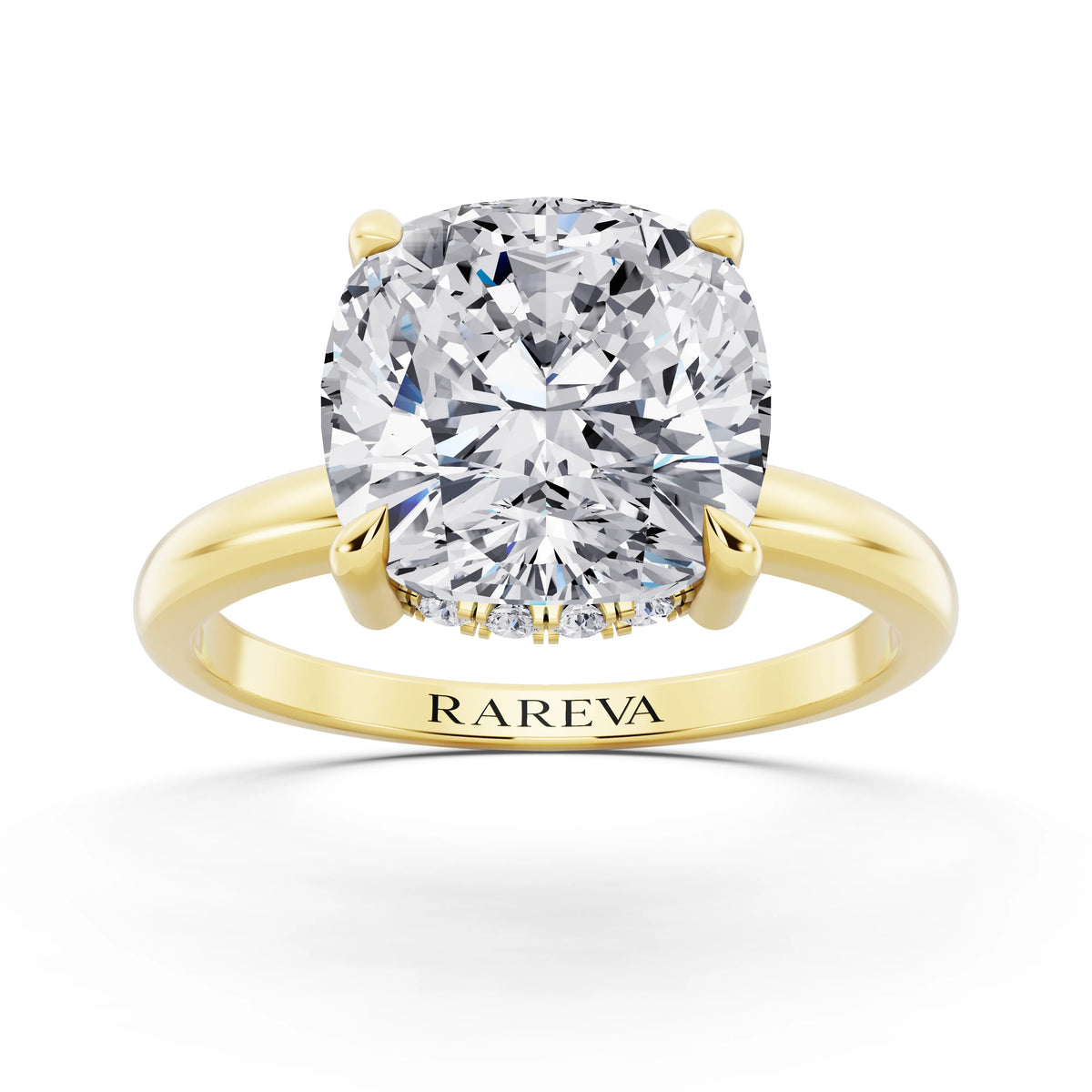14 KT Yellow Gold Cushion Cut Diamond Solitaire Ring with Hidden Halo - top view