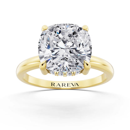 14 KT Yellow Gold Cushion Cut Diamond Solitaire Ring with Hidden Halo - top view