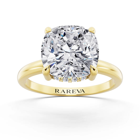 14 KT Yellow Gold Cushion Cut Diamond Solitaire Ring with Hidden Halo - top view