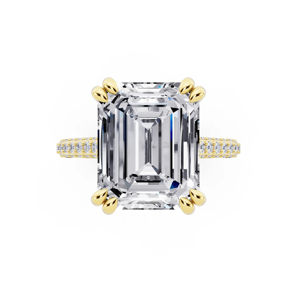 14 KT Yellow Gold Emerald Cut Diamond Hidden Halo Double Claw Pave Band Ring - top angle