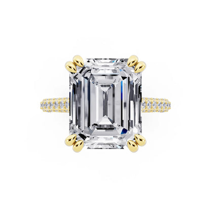 14 KT Yellow Gold Emerald Cut Diamond Hidden Halo Double Claw Pave Band Ring - top angle