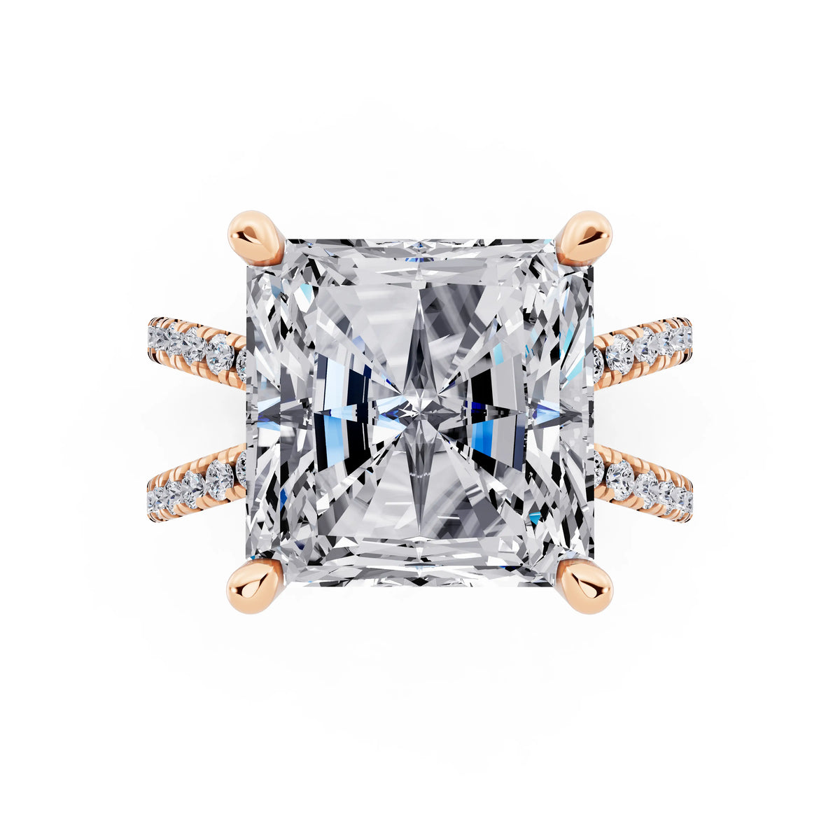 18 KT Rose Gold Radiant Cut Diamond Ring with Twisted Split Shank - top angle