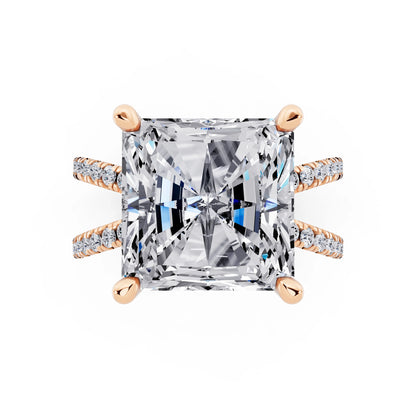 18 KT Rose Gold Radiant Cut Diamond Ring with Twisted Split Shank - top angle