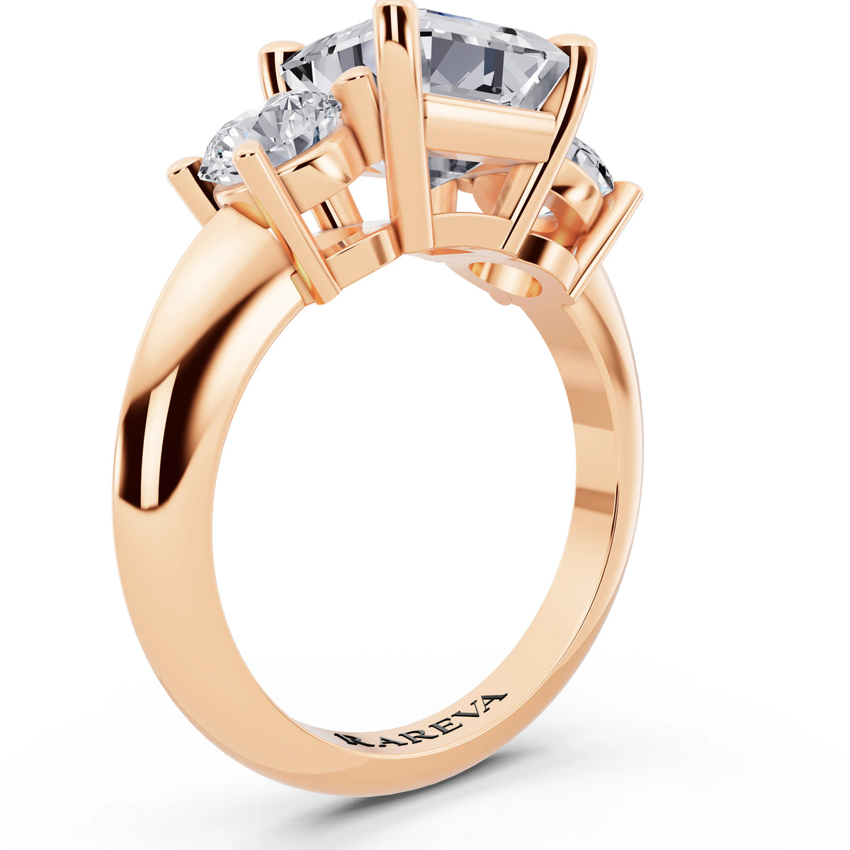 14 KT Rose Gold Asscher Cut Diamond Three Stone Ring with Round Accents - top view