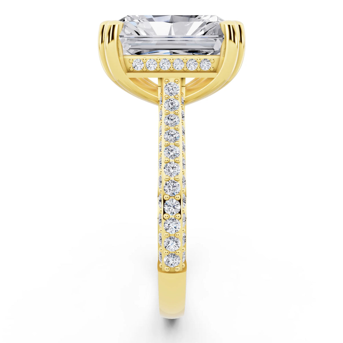 18 KT Yellow Gold Radiant Cut Diamond Hidden Halo Double Claw Pave Band Ring - side view