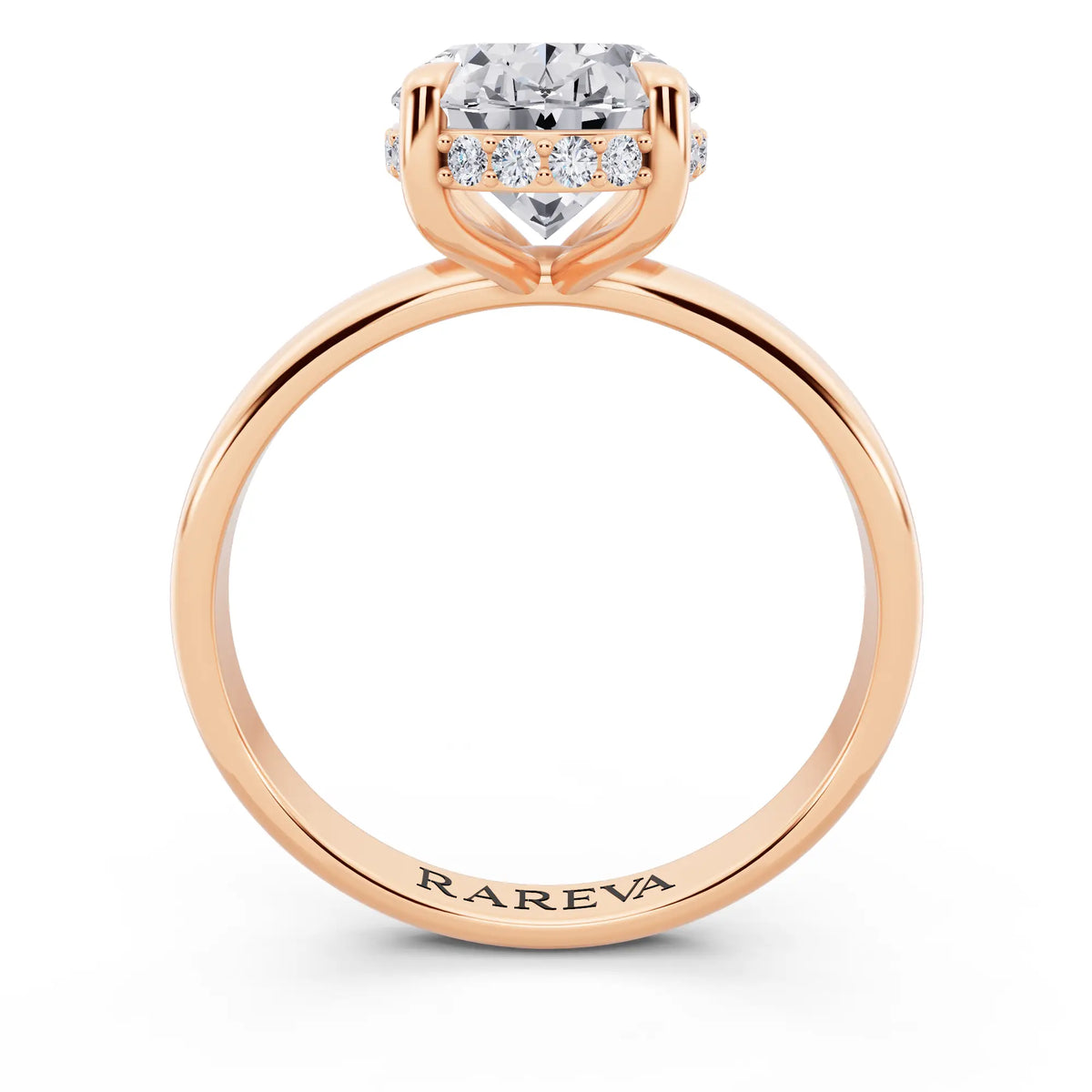 18 KT Rose Gold Oval Cut Diamond Hidden Halo Solitaire Ring - through finger