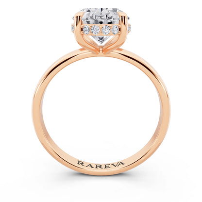 18 KT Rose Gold Oval Cut Diamond Hidden Halo Solitaire Ring - through finger