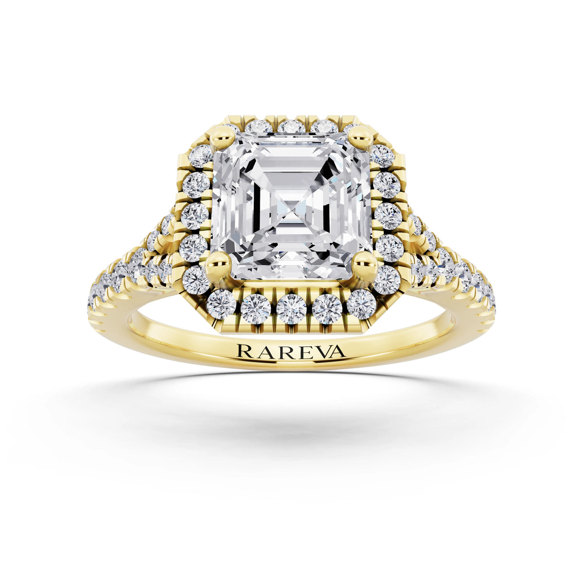 14 KT Yellow Gold Asscher Cut Diamond Halo Ring with Split Shank - front view