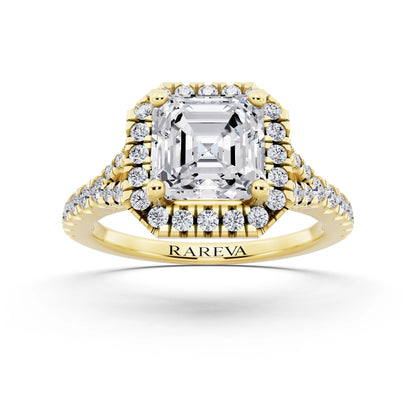 14 KT Yellow Gold Asscher Cut Diamond Halo Ring with Split Shank - front view